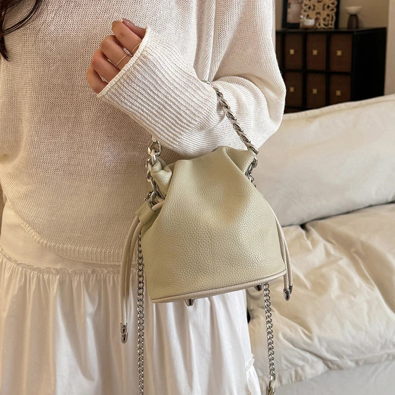 100% Genuine Leather Women Shoulder Crossbody Bags High Quality Solid Color Cow Leather Bucket Handbag Luxury Female Sac