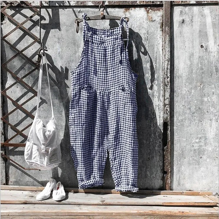 Casual Jumpsuit Women Striped Cotton Overalls Loose Fit Long Pants Romper Adjustable Straps Front Patch Pockets Jumpsuits