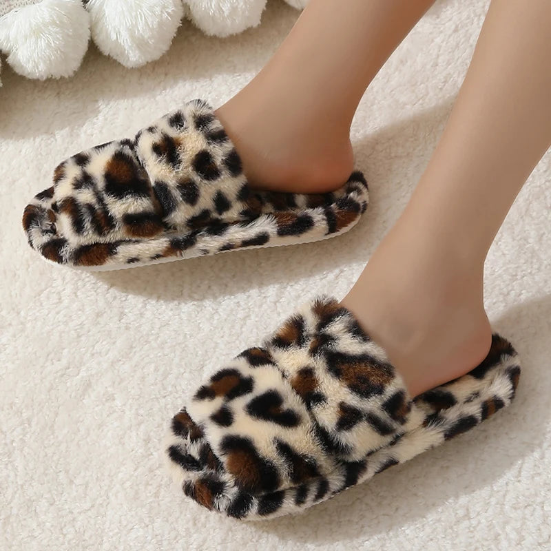 Leopard Pattern Plush Winter Slippers for Women Open Toe Soft Sole Fuzzy House Shoes Woman Indoor Comfort Warm Faux Fur Slippers