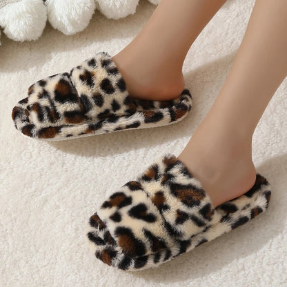 Leopard Pattern Plush Winter Slippers for Women Open Toe Soft Sole Fuzzy House Shoes Woman Indoor Comfort Warm Faux Fur Slippers