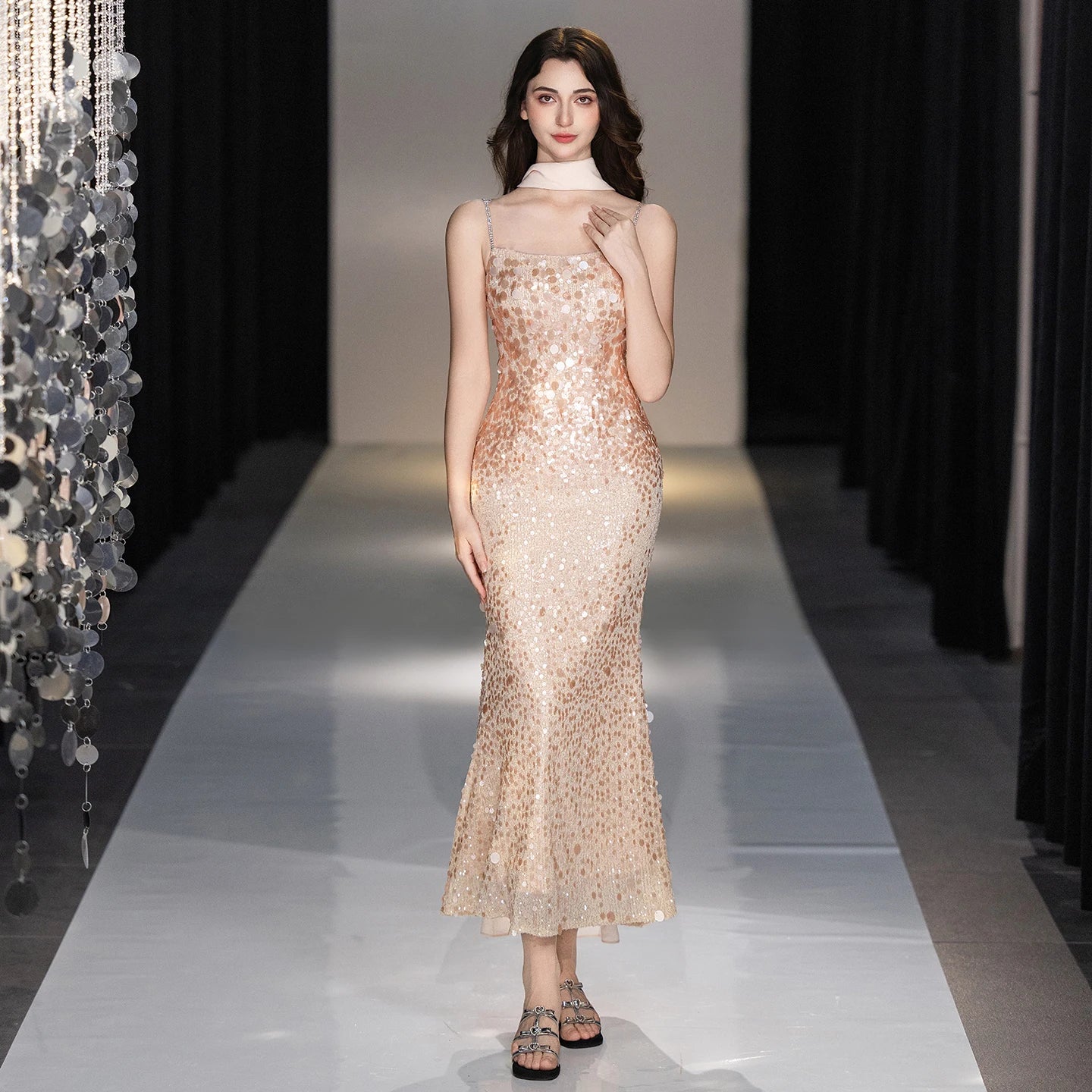 Champagne Rhinestone Spaghetti Strap Mermaid Evening Dress Big Sequins Chiffon Cape Neck Scarf Midi Wedding Guest Gown