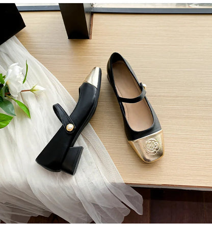 Fashion Mary Jane Women's Shoes 3cm Wide Heel Pumps Embroidered Flowers Pearl Buckle Strap Mary Jane Shoes Luxury Leather Heels