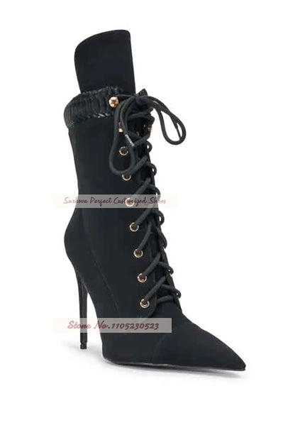 Women Camel Color Stiletto Heel Ankle Boots Brown Collar Patchwork Lace-Up Short Booties Pointed Toe Motorcycle Shoes