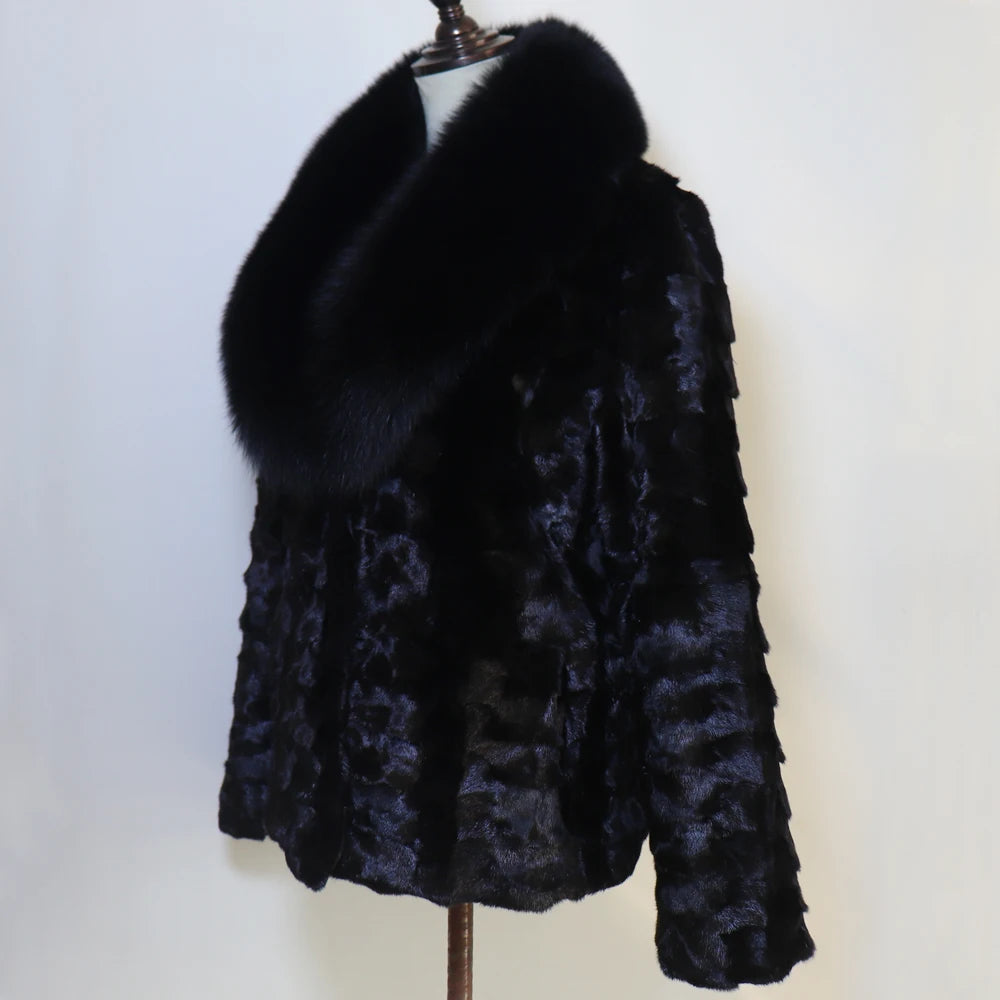 New Women Winter Real Fur Coat Warm Fashion 100% Natural Mink Fur Jacket with Fox Fur Collar Lady Thick Real Mink Fur Overcoat
