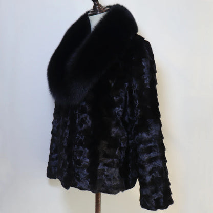 New Women Winter Real Fur Coat Warm Fashion 100% Natural Mink Fur Jacket with Fox Fur Collar Lady Thick Real Mink Fur Overcoat