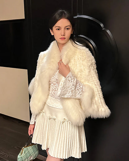 Rabbit Fur Knitted Cape Fox Fur Collar Shawl Autumn Winter Warm Genuine Rabbit Fur Pashmina Women's Rabbit Fur Top Cat Poncho