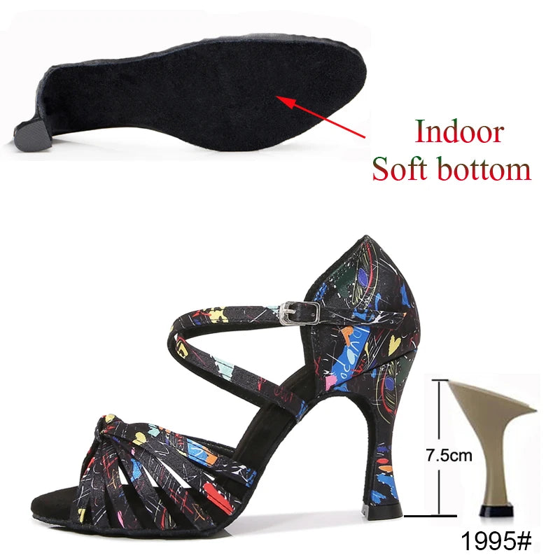 Latin Dance Shoes Women's Flower Satin Salsa Tango Ballroom Party High Heel Women's Shoes Summer Dance Sneakers Outdoor Sandals