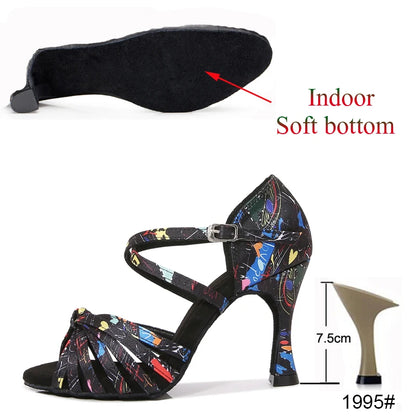 Latin Dance Shoes Women's Flower Satin Salsa Tango Ballroom Party High Heel Women's Shoes Summer Dance Sneakers Outdoor Sandals