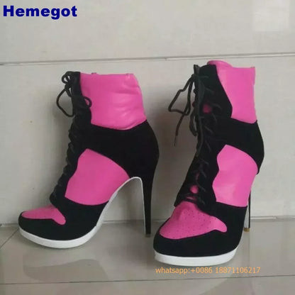 Round Toe Sports Lace Up Women's Short Boots 2025 Thick Sole Mixed Color Stilettos Autumn Winter New Street Style Casual Rock Bo
