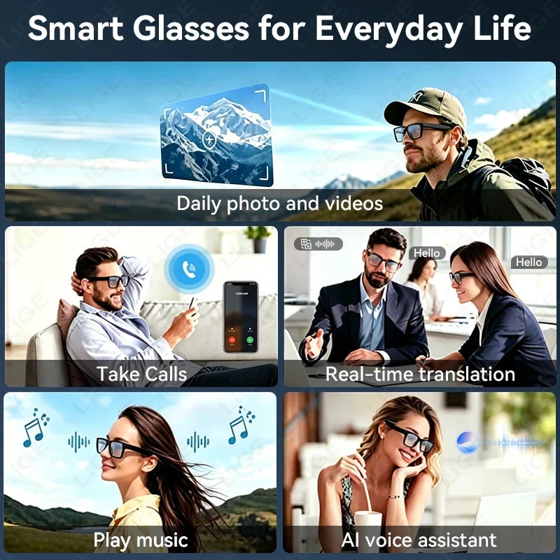 Smart Glasses 13MP HD Camera 4K Video Antishake Recording AI Translation Bluetooth Call Music Photo Recognition Sport Sunglasses