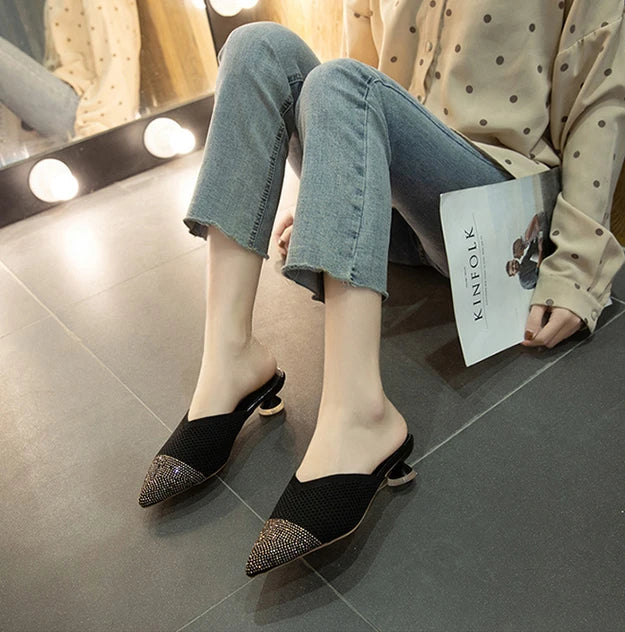 Elegant Medium Heel Women's Mules Shoes Women Designer Rhinestone Luxury Party Slippers Summer New 2025 Sandals Fashion Slipper
