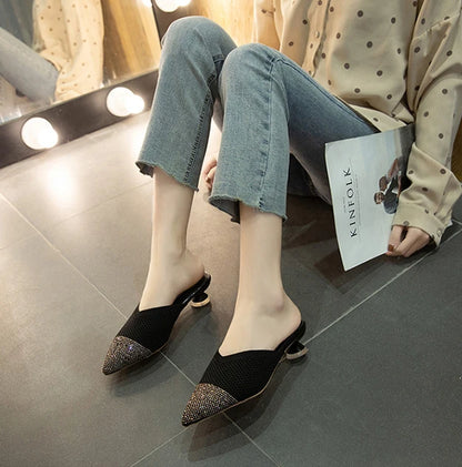 Elegant Medium Heel Women's Mules Shoes Women Designer Rhinestone Luxury Party Slippers Summer New 2025 Sandals Fashion Slipper