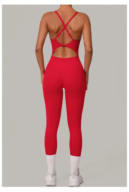 New Nylon Pad V-Neck Wrap Yoga Bodysuit - Adjustable Hook Tummy Control Butt Lift Workout Jumpsuit