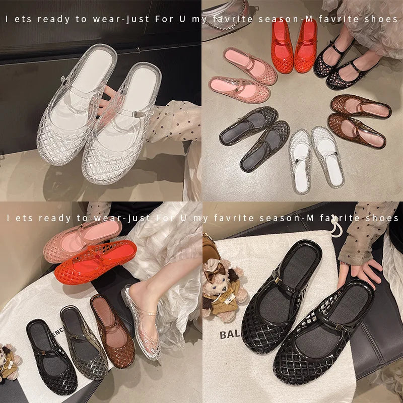 Women's Light Luxury Crystal Jelly Mary Jane Flat Sandals Hollow-out Breathable Closed Toe Summer Casual Non-slip Slip-on Shoes