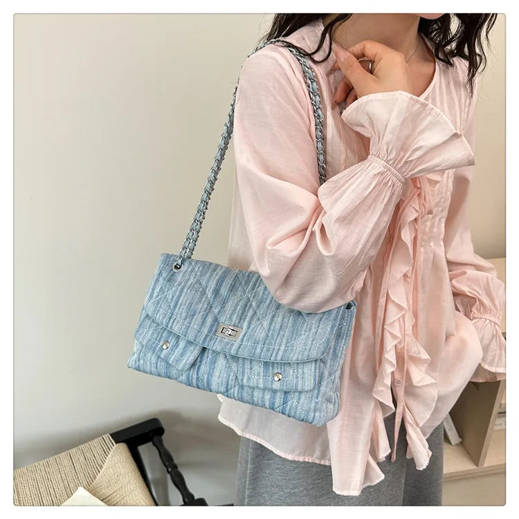 Korean Brand Shoulder Bag 2026 New Denim Side Bags for Women Ladies Crossbody Solid Fashion Chain Designer Daily Commuter City
