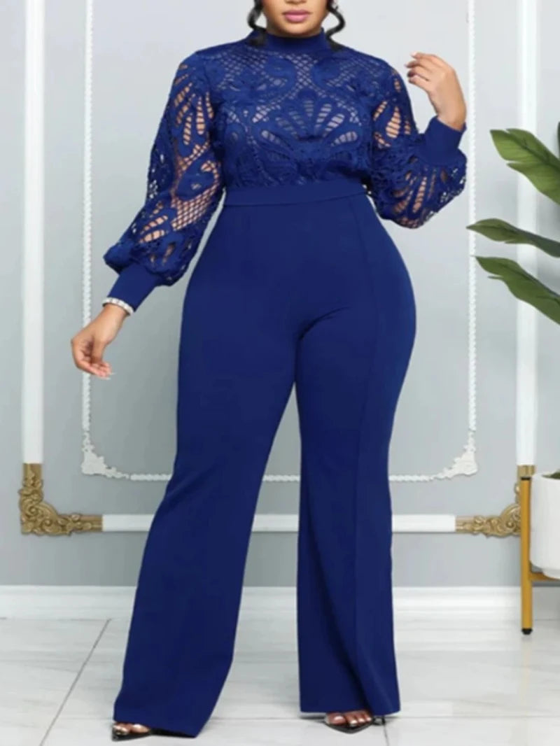 Elegant Women Jumpsuits Classy Hollow Out Lace Panel Long Sleeve Stretch One Piece Wide Leg Jumpsuits Oufits