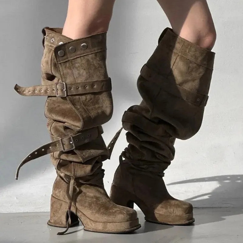 Fashion Model Women's Shoes Punk Style Buckle Over The Knee Boots for Woman Exquisite Platform Boots Designer Shoes Botas Mujer
