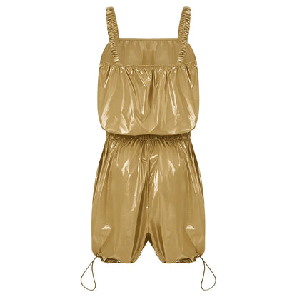 Womens Glossy Waterproof Diaper Cover Sling Bodysuit Waistband Drawstring Legs One-piece Cami Rompers Adaptive Short Jumpsuit