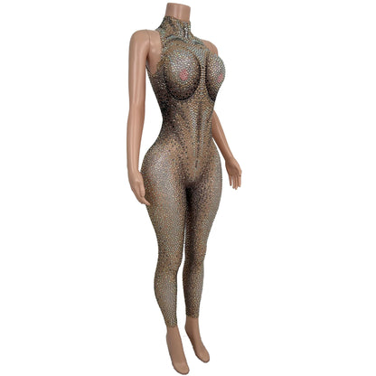 sparkling sleeveless Rhinestone crystal jumpsuits mesh stretch rompers women pole dance leotard Drag Show performance outfit