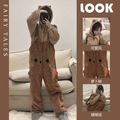 Flannel Anime Onesie Adults Animal Pijama Pajamas Set Women Men Cosplay Halloween Cartoon Pyjama Adults Winter Bear Sleepwear