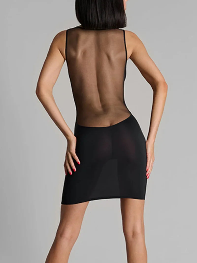 Y2K E-Girl Mesh Panel Plunge V Neck Bodycon Mini Dress Women Black Sleeveless Clubwear
