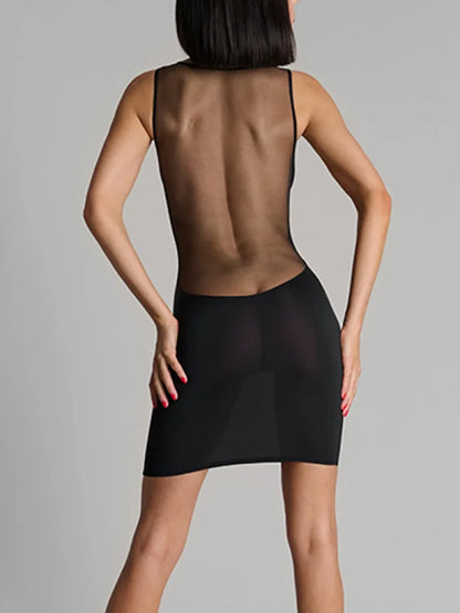 Y2K E-Girl Mesh Panel Plunge V Neck Bodycon Mini Dress Women Black Sleeveless Clubwear