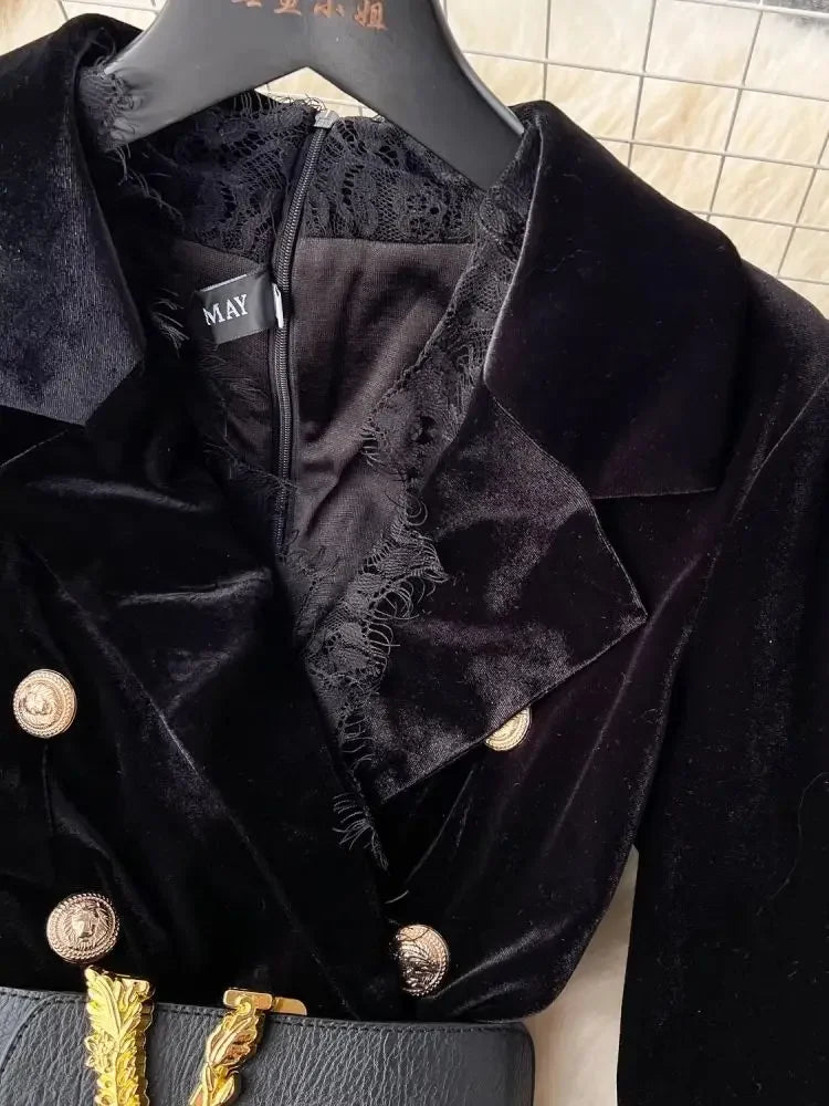 Autumn Winter Luxury Velvet Dress Women Clothing Notched Lion Metal Buttons Split Letter Belt Thick Velour Long Party Vestidos