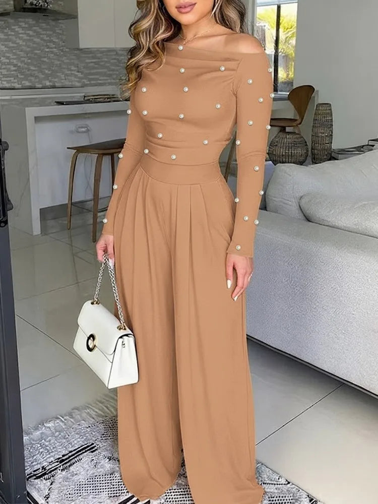 Fashion Beaded Slant-neck Women Jumpsuit Spring Autumn New Cinched Waist Wide Leg Long Pants Elegant Female Office Rompers 2026