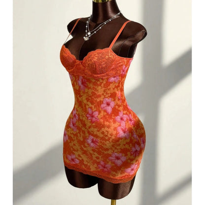 HLJ&GG Vintage Flowers Print Mesh Spaghetti Strap Bodycon One Piece Rompers Women V Neck Sleeveless Jumpsuits Fashion Overalls
