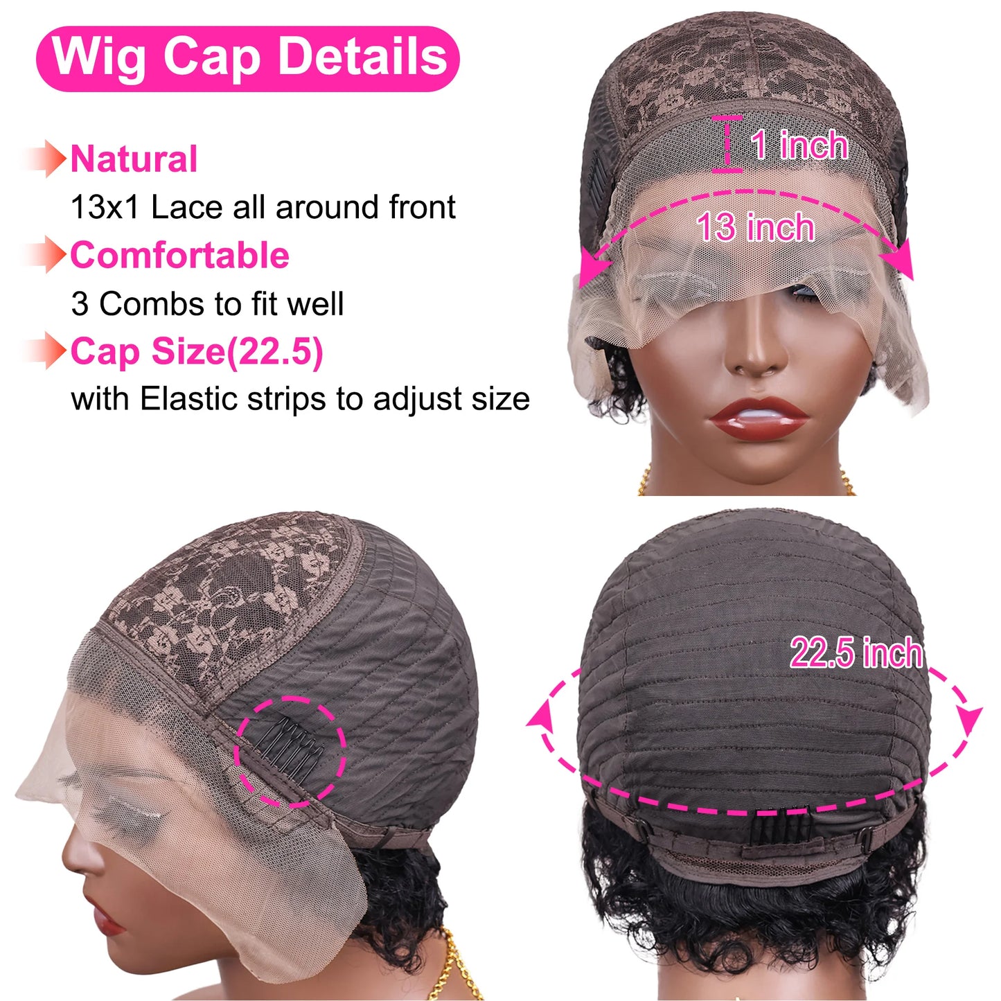 Short Curly 13x1 Lace Curly Pixie Cut Wig 180% Density Human Hair Lace Front Bob Wigs for Women Natural Color Pre Plucked 6 Inch