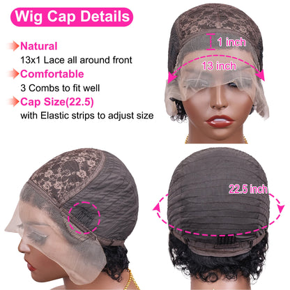 Short Curly 13x1 Lace Curly Pixie Cut Wig 180% Density Human Hair Lace Front Bob Wigs for Women Natural Color Pre Plucked 6 Inch
