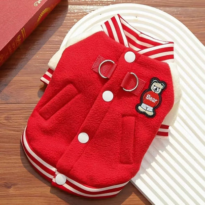 Winter Warm Puppy Coat with D Ring Button Pet Outdoor Jacket Cat Supplies Fleece Clothing Baseball Uniform Sport Suit