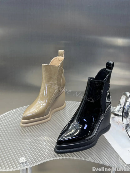 Fashion Height Increasing Wedges Ankle Boots Women Pointed Toe Platform Slip On Solid Leather Boots 2025 Simple Comfortable Boot