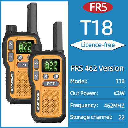 2PCS Baofeng BF-T18 Mini Walkie Talkie Dual PTT Long Range PMR FRS NOAA VOX FM Two Way Radio Type-C Charger For Travel Camping