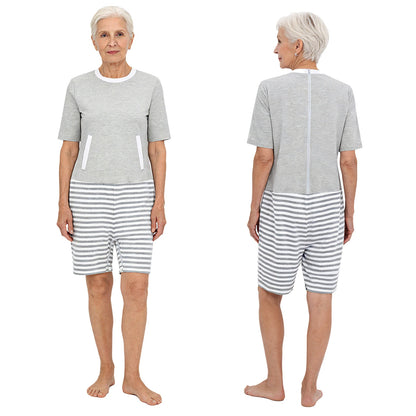 Women Elderly Alzheimer Nursing Jumpsuit Special Need Adaptive Clothing Long Sleeve Back Zipper Anti-strip Stripe Rompers Pajama