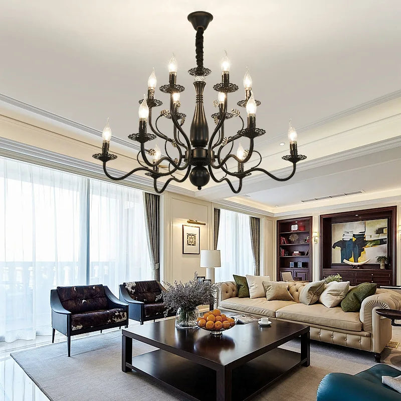2022 modern black/gold wrought iron candle light retro Europe and America 6 12 16 lights chandelier dining room chandelier