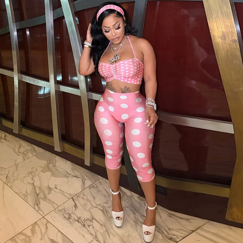 Polka Print Neck Strap, Tight Fitting Cropped Pants, Three Piece Headband Set