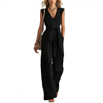 Women's Jumpsuit Sleeveless Women Jumpsuit Summer Causal Tie Waist Wide Leg Long Pants Rompers Summer V Neck One Piece Overalls