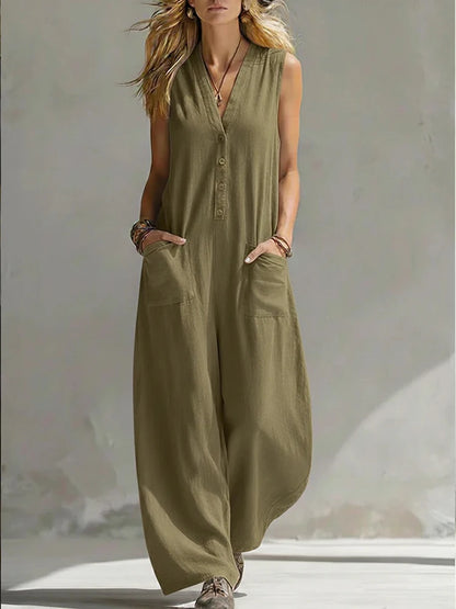 Women Casual Sleeveless V Neck Jumpsuit Button Wide Leg Cotton Linen Long Pants Romper Loose Baggy Summer Streetwear Outfits