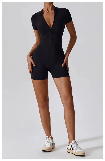 Women's Zipper Short-Sleeve Yoga Jumpsuit - Quick-Dry Breathable Tight Fitness Onesie for Gym Running Sportswear