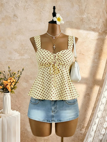Women White Eyelet Lace Cami Top Casual Ruched Tie Front Peplum Sleeveless Camisole