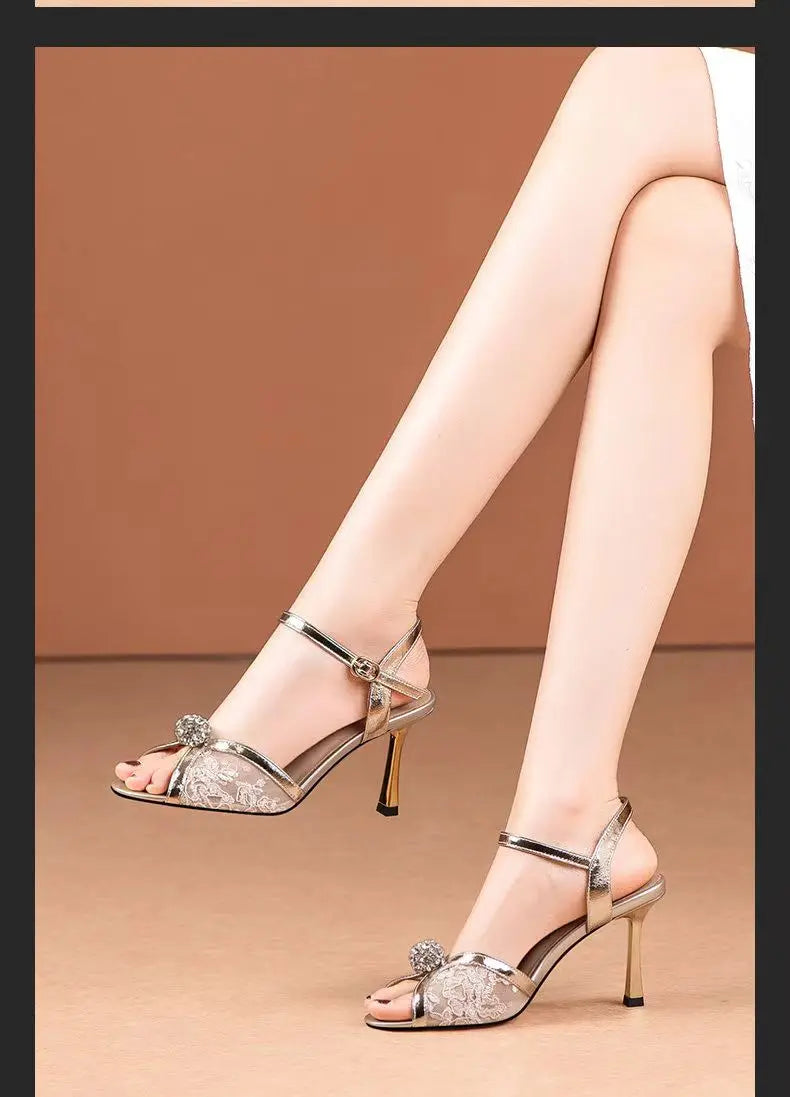New 2025 Summer Luxury Designers Women Sandals Fashion Gold Rhinestone Thin High Heel Shoes Ladies Elegant Party Dress Sandalias