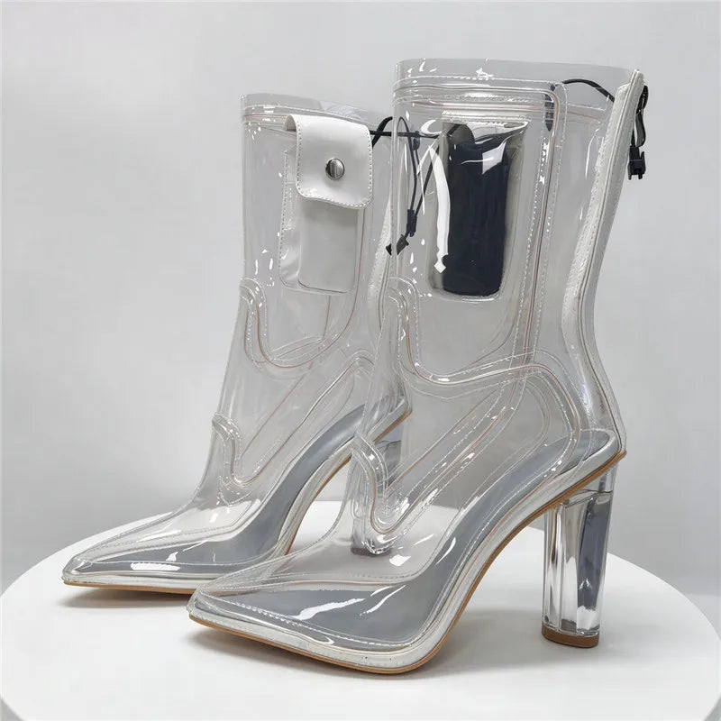 Women Glowing Transparent PVC Ankle Boots Pointed Toe Chunky Clear High Heel Fashion Sexy Dress Party Nightclub Festival Stage