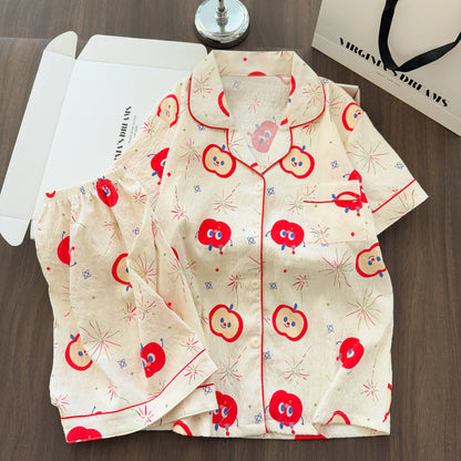 Women Summer Lapel Open Front Pajama Set Short Sleeve Top Shorts, Sweet Ins Teen Loungewear, Casual Daily Outdoor Home Wear Suit