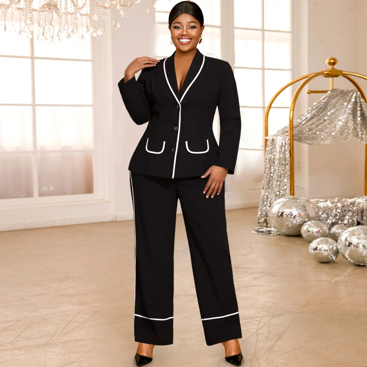 Plus Size Women's Black Contrast Trim Blazer Suit Fashion V-neck Single-breasted Jacket + Wide-leg Pants Two-piece Set Y2K