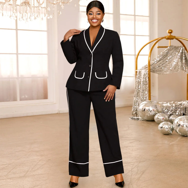 Plus Size Women's Black Contrast Trim Blazer Suit Fashion V-neck Single-breasted Jacket + Wide-leg Pants Two-piece Set Y2K
