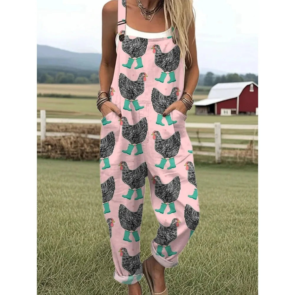 Relaxed Fit Women's Overalls with Cute Animals Patterns Fashion Jumpsuits Adjustable Design for Picnics and Country Outings