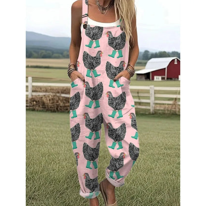 Relaxed Fit Women's Overalls with Cute Animals Patterns Fashion Jumpsuits Adjustable Design for Picnics and Country Outings