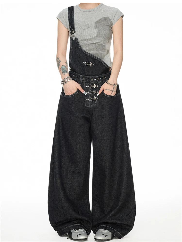 Women's Detachable Black Overalls Street Jumpsuits High Waist Casual Baggy Pants Wide Leg Sweatpants Straight Unisex Trousers