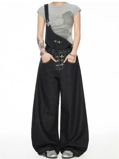 Women's Detachable Black Overalls Street Jumpsuits High Waist Casual Baggy Pants Wide Leg Sweatpants Straight Unisex Trousers